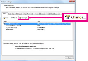 Change command in the Account Settings dialog box