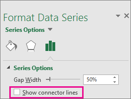 Format Data Point task pane with the Show Connector Lines box unchecked in Office 2016