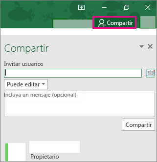 Panel Compartir en Excel 2016 para Windows