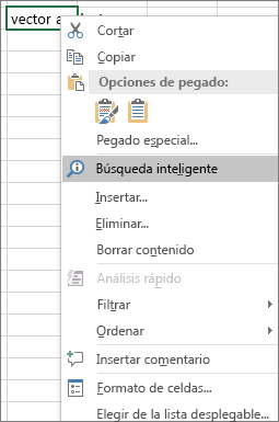 Búsqueda inteligente en el menú contextual de Excel 2016 para Windows