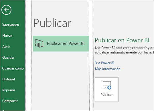 Pestaña Publicar en Excel 2016 que muestra el botón Publicar en Power BI