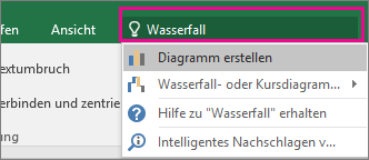Feld "Sie wünschen" mit dem Text "Wasserfall" und den Ergebnissen in Excel 2016 für Windows