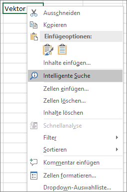 "Intelligente Suche" im Kontextmenü von Excel 2016 für Windows