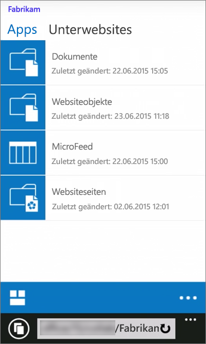 Screenshot einer mobilen Ansicht der SharePoint Server 2016-Website
