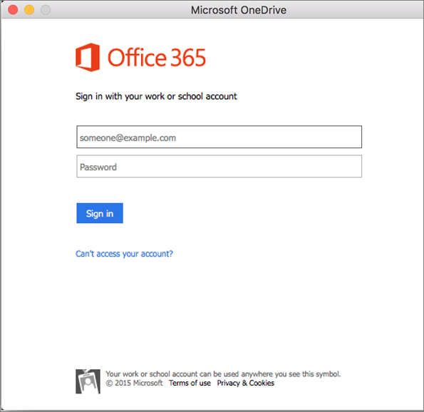 Screenshot of sign-in screen in Welcome to OneDrive wizard on a Mac