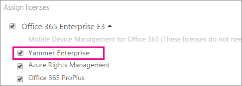 Screenshot of the Assign licenses section of Office 365 admin center with Yammer Enterprise license available to assign.