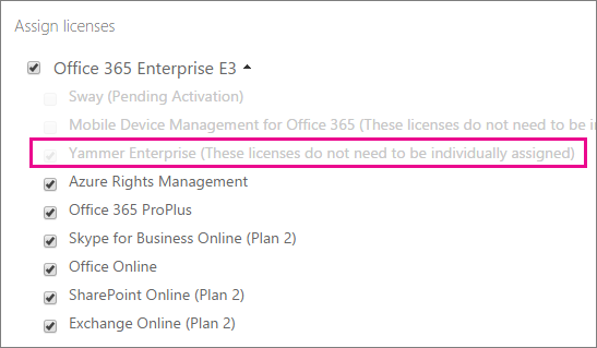 Screenshot of the Assign licenses section of Office 365 admin center, with Yammer Enterprise license selected.