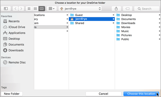 Screenshot of choosing a folder location in the Welcome to OneDrive wizard on a Mac