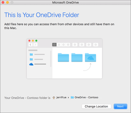 Screenshot of This is your OneDrive folder screen after choosing a folder in the Welcome to OneDrive wizard on a Mac