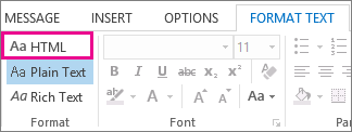 HTML format option on the Format text tab in a message