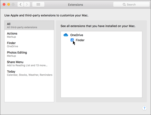 Screenshot of Extensions in system preferences on a Mac