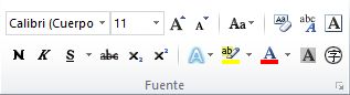 El grupo Fuentes de la pestaña Inicio en la cinta de opciones de Word 2010.