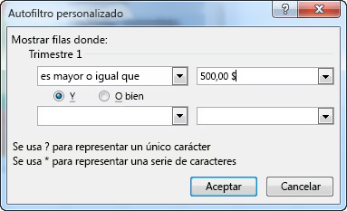 Cuadro de diálogo Personalizar autofiltro