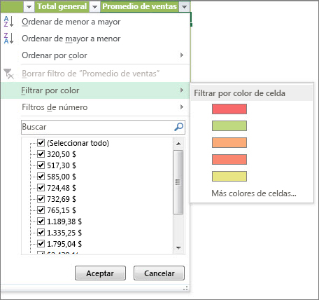 Opciones de Filtrar por color