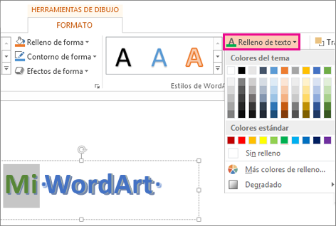 La galería Color de relleno de texto se encuentra en la ficha Formato de herramientas de dibujo