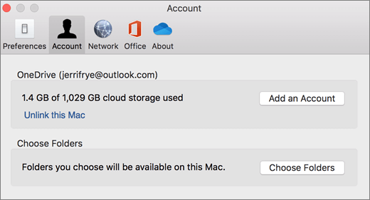 Capture d’écran de l’ajout d’un compte professionnel dans les préférences de OneDrive sur Mac
