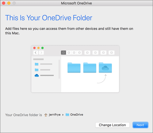 Capture d’écran de la page Voici votre dossier OneDrive dans l’Assistant Bienvenue dans OneDrive sur Mac