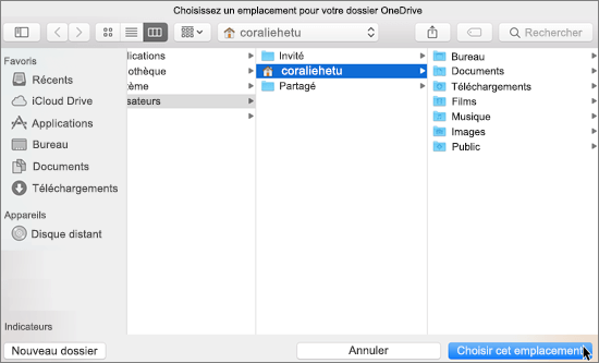 Capture d’écran de la sélection d’un emplacement de dossier dans l’Assistant Bienvenue dans OneDrive sur Mac