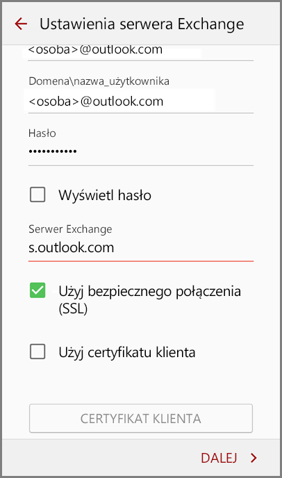 Ustawienia serwera dla kont usługi Outlook.com
