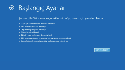 Windows Kurtarma Ortamı'ndaki Başlangıç Ayarları ekranı.